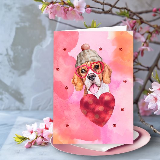 Rosa orangefarbener Beagle Valentinstag Karte