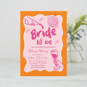 Rosa Orangefarbenes Retro Illustriertes Brautparty Einladung (Stehend Vorderseite)