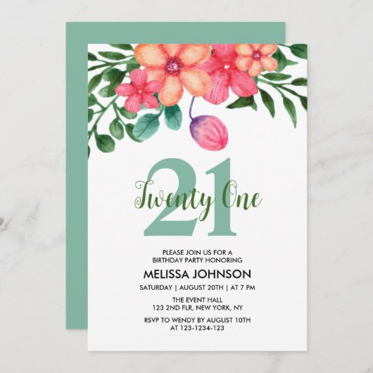 Rosa Orangengrün Frühlingsfrühling Blume 21. Gebur Einladung (Vorne/Hinten)