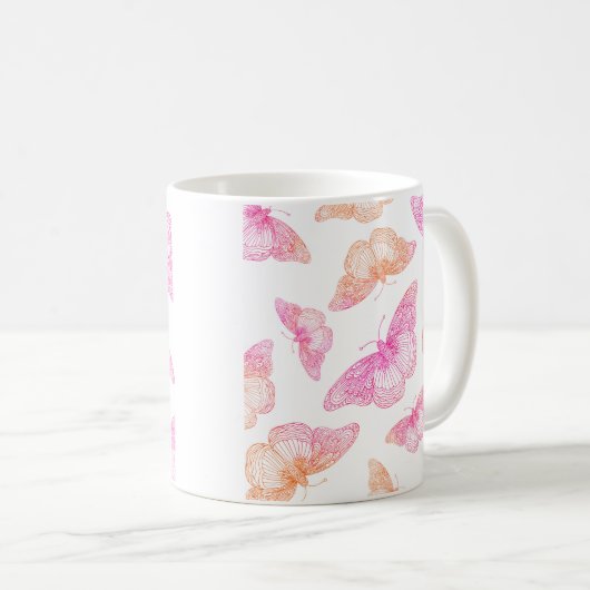 Rosa Orangenschmetterlingsmuster Kaffeetasse (VorderseiteRechts)