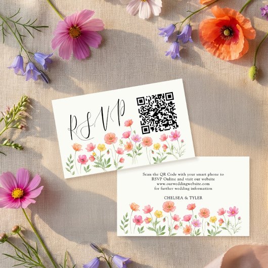 Rosa Oranges Blumen Hochzeit RSVP QR-Code Begleitkarte