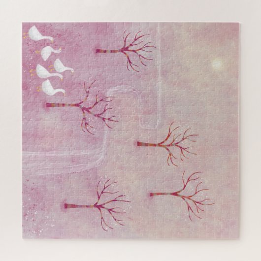 Rosa Orchard mit Gänselandschaftsmalerei Puzzle (Horizontal)