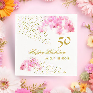 Rosa Orchid Watercolor Gold Glitzer 50. Geburtstag Serviette