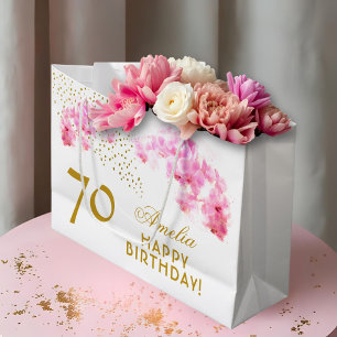 Rosa Orchid Watercolor Gold Glitzer 70. Geburtstag Große Geschenktüte