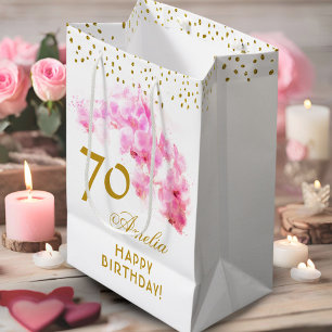 Rosa Orchid Watercolor Gold Glitzer 70. Geburtstag Mittlere Geschenktüte