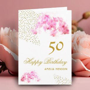 Rosa Orchidee Aquarell Gold Glitter 50. Geburtstag Karte