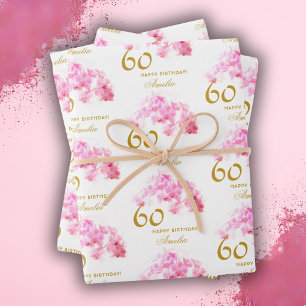 Rosa Orchidee Aquarell Gold Glitter 60. Geburtstag Geschenkpapier Set