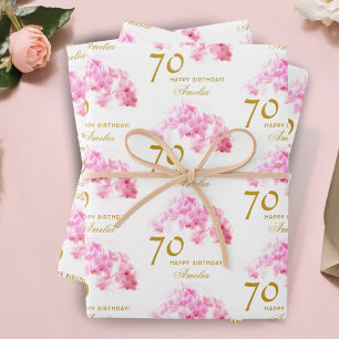 Rosa Orchidee Aquarell Gold Glitter 70. Geburtstag Geschenkpapier Set