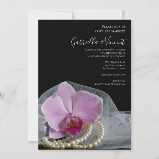 Rosa Orchidee und Perlen auf Schwarzer Hochzeit Einladung (Vorderseite)