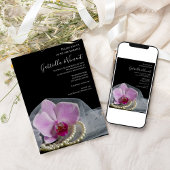 Rosa Orchidee und Perlen auf Schwarzer Hochzeit Einladung