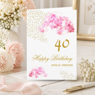 Rosa Orchidee Wasserfarbe Gold Glitter 40. Geburts Karte