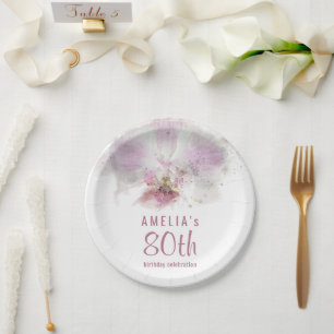 Rosa Orchideen-Aquarell-Blumen 80. Geburtstagsfeie Pappteller