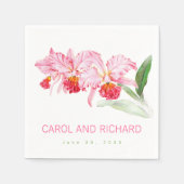 Rosa Orchideen Aquarell Name Datum Hochzeit Serviette (Vorderseite)