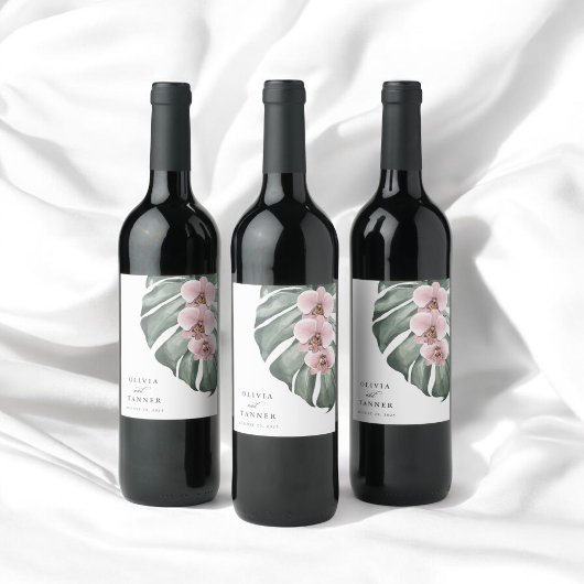 Rosa Orchideen auf der Monstera Tropical Paradise  Weinetikett