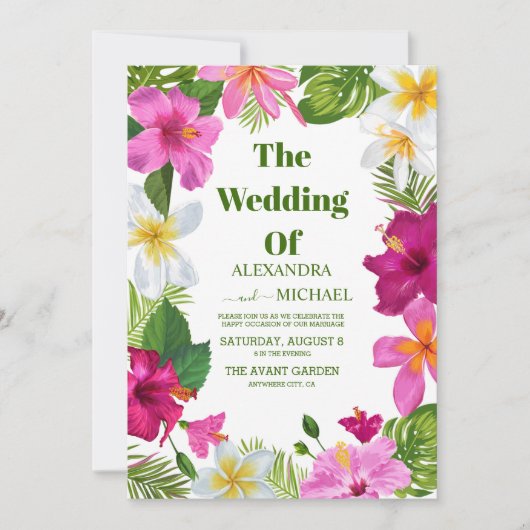 Rosa Orchideen auf der Monstera Tropische Hochzeit Einladung (Vorderseite)