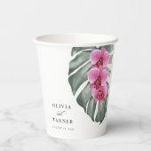 Rosa Orchideen auf der Monstera Tropische Hochzeit Pappbecher (Rückseite)