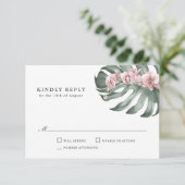 Rosa Orchideen auf Monstera Tropical Wedding RSVP (Stehend Vorderseite)