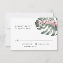 Rosa Orchideen auf Monstera Tropical Wedding RSVP