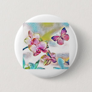 Rosa Orchideen Blume und Schmetterlinge Button