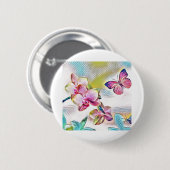 Rosa Orchideen Blume und Schmetterlinge Button (Vorne & Hinten)