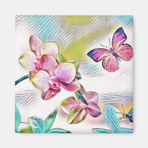 Rosa Orchideen Blume und Schmetterlinge Magnet