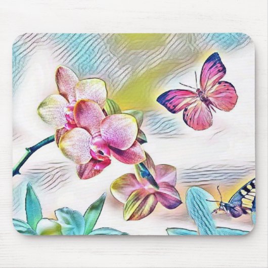 Rosa Orchideen Blume und Schmetterlinge Mousepad (Vorne)