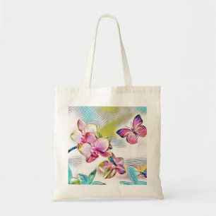 Rosa Orchideen Blume und Schmetterlinge Tragetasche