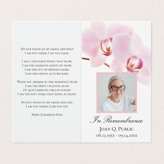 Rosa Orchideen Blume Weißes Beerdigungsgebet Visitenkarten (Außenseite Aufgefaltet)