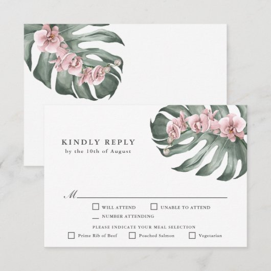 Rosa Orchideen Tropische Hochzeit RSVP mit Entreen Karte (Vorne/Hinten)
