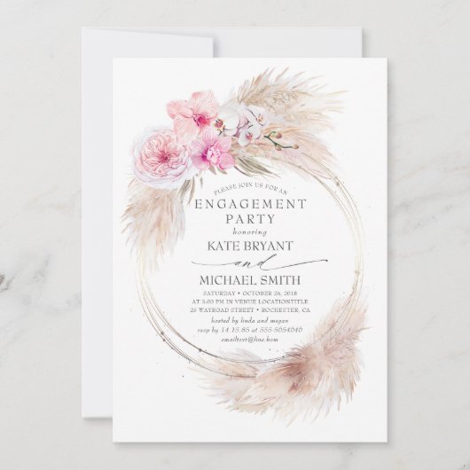 Rosa Orchideen und Pampas-Gras-Engagement Einladung (Vorderseite)