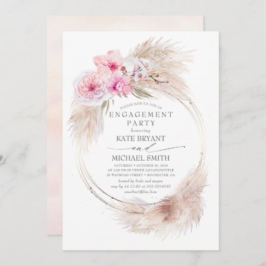 Rosa Orchideen und Pampas-Gras-Engagement Einladung (Vorne/Hinten)