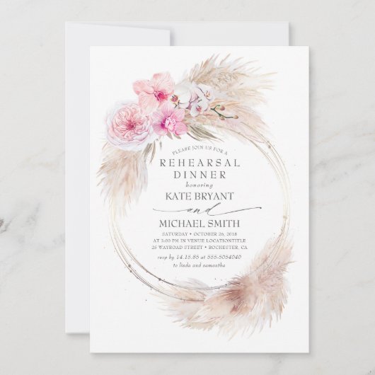 Rosa Orchideen und Pampas Grass Probe Abendessen Einladung (Vorderseite)