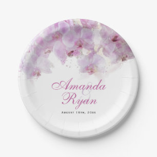 Rosa Orchideen-Wasserfarben-Blumen-Hochzeit Pappteller