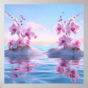 🌸 Rosa Orchideen-Wasserreflexion Tranquile Räume  Poster