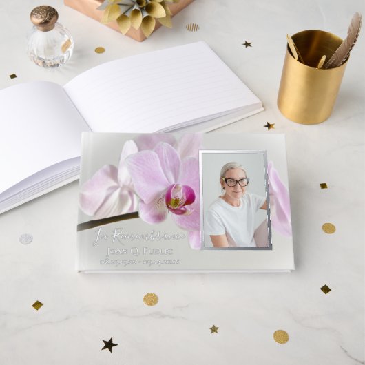 Rosa Orchideen zur Gedenkstätte für die Stammesbee Gästebuch (Vorderseite Offen)