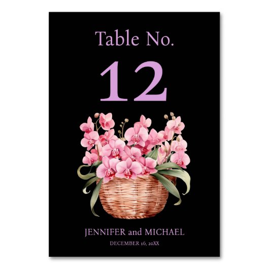 Rosa Orchids Watercolor Black Wedding Tischnummer (Vorderseite)