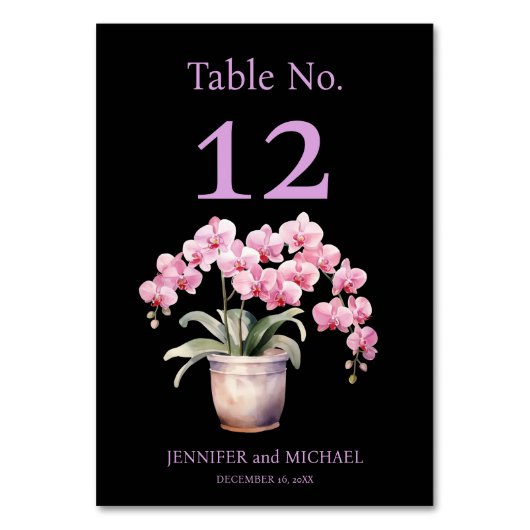 Rosa Orchids Watercolor Black Wedding Tischnummer (Rückseite)