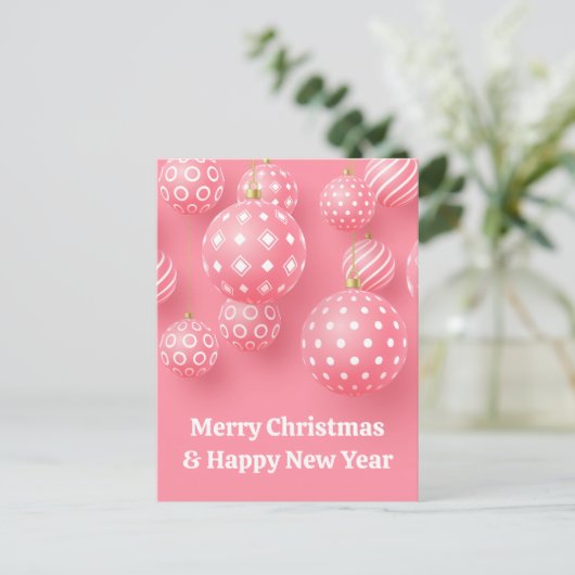 Rosa Ornamente frohe Weihnachten und glückliches n Postkarte (Stehend Vorderseite)