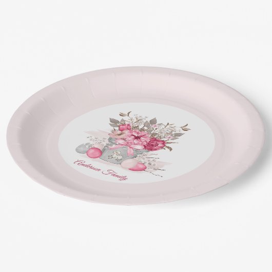 Rosa Osterbrunch Eizelle Jagd Familienname Pappteller (Schrägansicht)