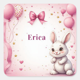 Rosa Osterhase-Geburtstagsballon 🐰 Quadratischer Aufkleber