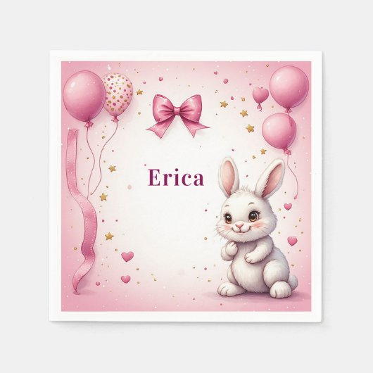 Rosa Osterhase-Geburtstagsballon 🐰 Serviette (Vorderseite)