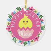 Rosa Osterring Blume Ring Baby Foto Name Ei Chick Keramik Ornament (Vorne)