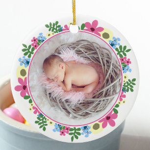 Rosa Osterring Blume Ring Baby Foto Name Ei Chick Keramik Ornament