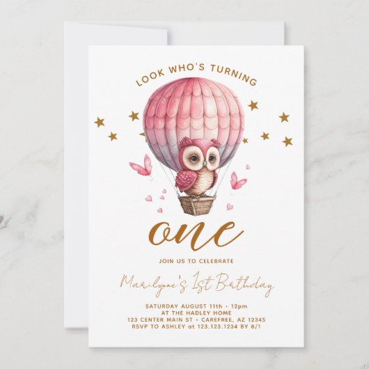 Rosa Owl 1. Geburtstag Einladung (Vorderseite)
