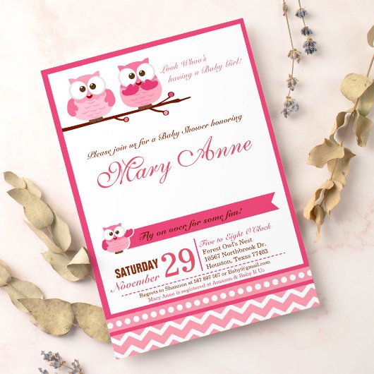 Rosa Owl Baby Dusche Einladung