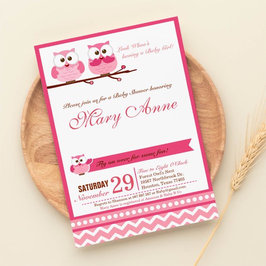 Rosa Owl Baby Dusche Einladung