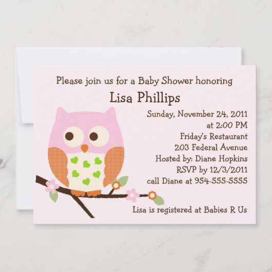 Rosa Owl Baby Dusche Einladung (Vorderseite)