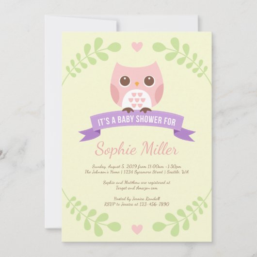 Rosa Owl Baby Dusche Einladung (Vorderseite)
