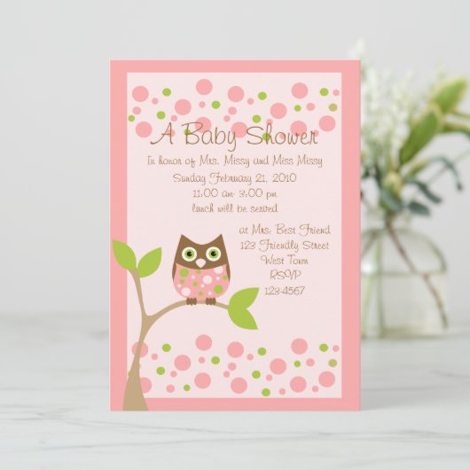 Rosa Owl Baby Dusche Einladung (Stehend Vorderseite)