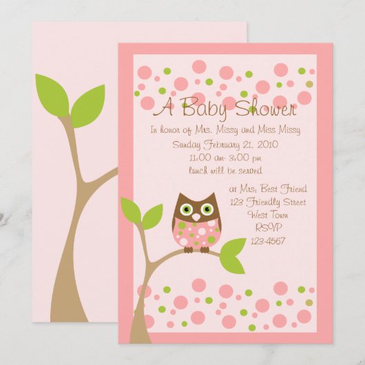 Rosa Owl Baby Dusche Einladung (Vorne/Hinten)